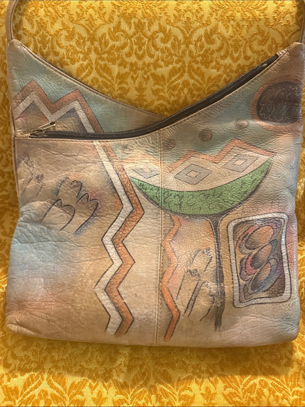 Anuschka Multitone Painted Leather Shoulder Bag in Brown and Green - Picture 3 of 4